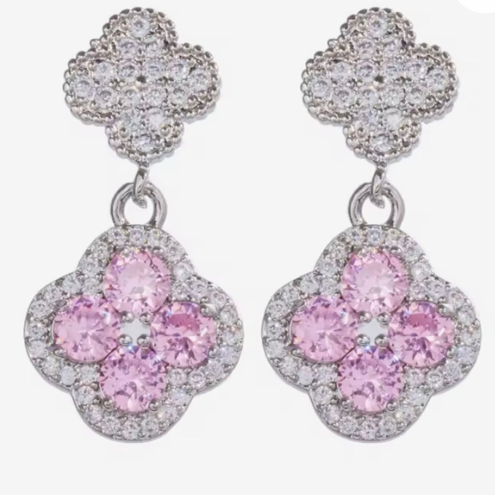 Pink Four-Leaf Clover Micro Pave Diamond Earrings